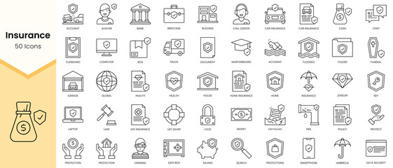 Simple Outline Set of Insurance icons. Linear style icons pack. Vector illustration