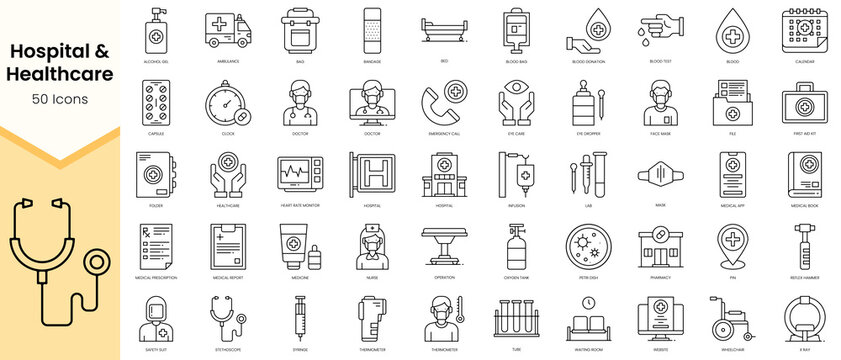 Simple Outline Set of Hospital and Healthcare icons. Linear style icons pack. Vector illustration