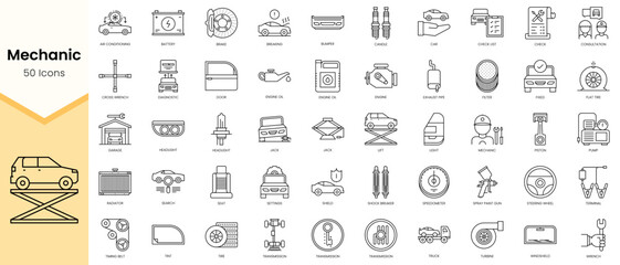 Fototapeta na wymiar Simple Outline Set of Mechanic icons. Linear style icons pack. Vector illustration
