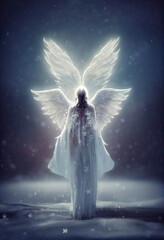 White glowing angel with many wings in the snow, blue background, AI generated image