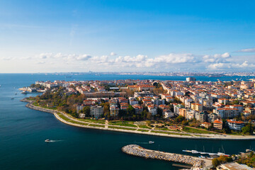 Aerial view from Moda Yogurtcu Park neighborhoods of Kadikoy, a large, populous, and cosmopolitan district in the Asian side of Istanbul, Turkey.