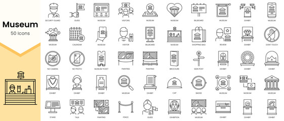 Simple Outline Set of Museum icons. Linear style icons pack. Vector illustration