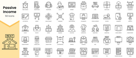 Obraz na płótnie Canvas Simple Outline Set of Passive Income icons. Linear style icons pack. Vector illustration