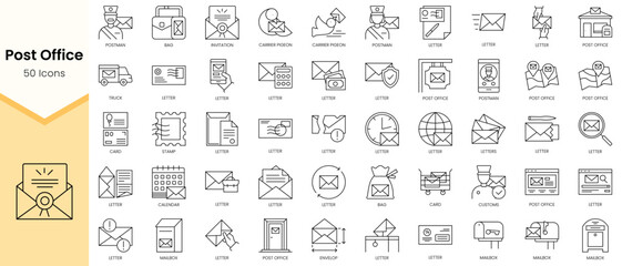 Simple Outline Set of Post Office icons. Linear style icons pack. Vector illustration