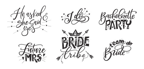 Bride tribe hand drawn lettering quote. Wedding inspiration calligraphy crd isolated on white background. Typography romantic bohemian poster. Vector invitation illustration