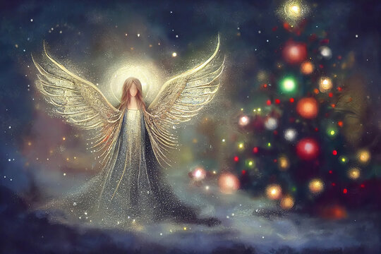 Beautiful angel near the Christmas tree on snow, starry night sky, painting style, AI generated image