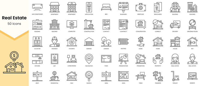 Simple Outline Set of Real Estate icons. Linear style icons pack. Vector illustration