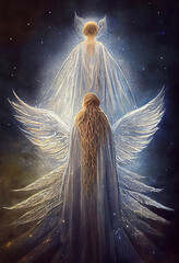 Two angels in the space, starry night sky, painting style, AI generated image