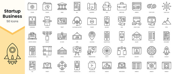 Fototapeta na wymiar Simple Outline Set of Startup Business icons. Linear style icons pack. Vector illustration