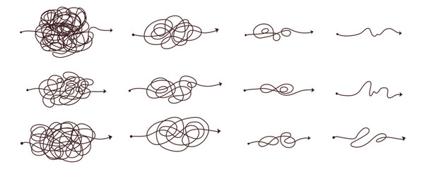 Simple line and complex easy way. Scribble doodle chaos mindset. Problem solving, difficult line. Vector hand drawn concept path
