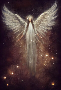 Beautiful white angel in the space, starry night sky, painting style, AI generated image