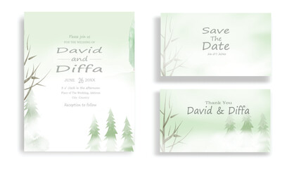 Fototapeta na wymiar wedding invitation with scenery theme and watercolor elements