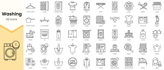 Simple Outline Set of Washing icons. Linear style icons pack. Vector illustration
