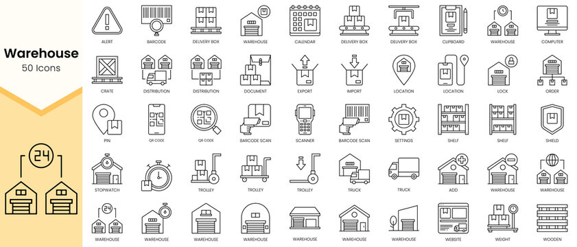 Simple Outline Set of Warehouse icons. Linear style icons pack. Vector illustration