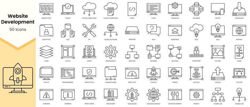 Simple Outline Set of Website Development icons. Linear style icons pack. Vector illustration