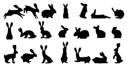 Fototapeta na wymiar Easter sitting, running, jumping, looking up and standing rabbits black silhouettes. Set of Easter bunny outlines isolated on white background.