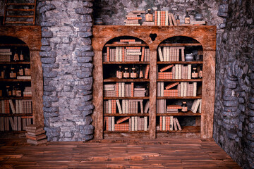 Antique books in an old house, 3D render