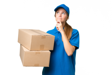 Delivery caucasian woman over isolated background having doubts and thinking