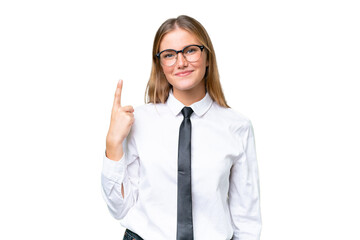 Young business caucasian woman over isolated background pointing with the index finger a great idea