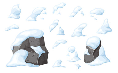 Set of stone and rock in snow. Elements for ui design game. Snowy mountains in cartoon, heap of boulders in winter. Boulders and building material. Ice age in vector illustration © astarte7893