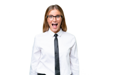 Young business caucasian woman over isolated background with surprise facial expression