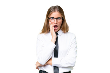 Young business caucasian woman over isolated background surprised and shocked while looking right