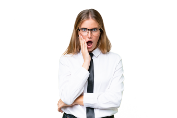Young business caucasian woman over isolated background surprised and shocked while looking right