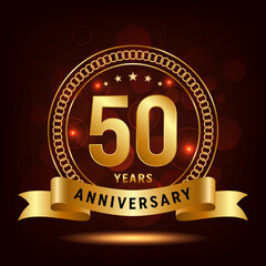 50th Anniversary Logo Design. Golden number 50 with sparkling confetti and ribbon, Vector Template Illustration