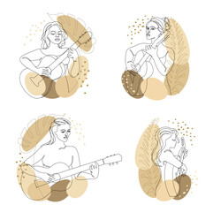 Collection. Silhouette of a beautiful woman with a guitar and leaves of a plant in a modern style. Girl guitarist. Continuous line, decor outline, posters, stickers, logo. Vector illustration set.