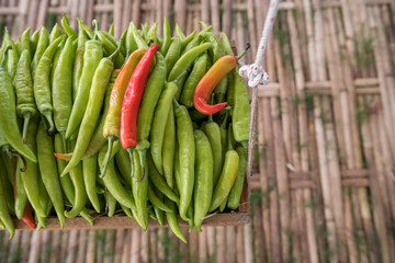 Organic green and red chilli hanging on wooden basket