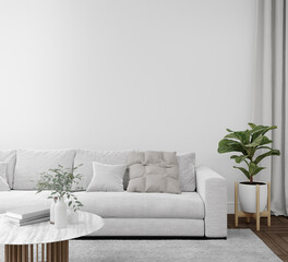 Empty white wall with sofa and carpet on wooden floor. 3d rendering of interior living room