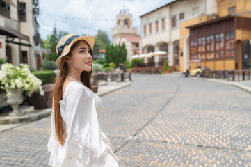 Asian woman traveling at the old town italy style,Alone travel,Lifestyle of single girl