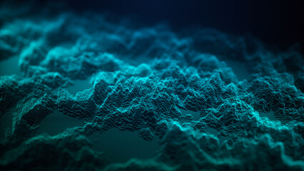 Digital landscape background of blue dots. Technological background. Visualization of big data. A sound wave. 3D rendering.