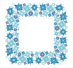 Square frame with blue snowflakes for conceptual design. Pattern background. Winter background. Frame. Invitation card design.