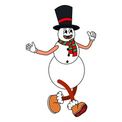 Snowman Cartoon funny retro comic Christmas character, gloved hands