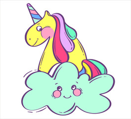 A cute rainbow unicorn sits on a cloud. Fairy tale character. Yellow fantasy pony. Vector illustration in cartoon style. Children's illustration.