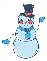 A snowman in a top hat waves his hand. Cartoon character on a white background. Cute character design. Christmas vector. Vector illustration element.