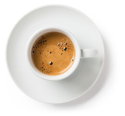 white cup and saucer with freshly brewed strong black espresso coffee with crema, isolated beverage...