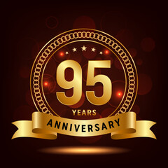 95th Anniversary Logo Design. Golden number 95 with sparkling confetti and ribbon, Vector Template Illustration