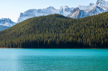 Beautiful panorama of the Rocky Mountains with the forest and turquoise lake
