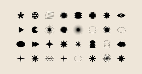 Brutalist Icons Set. Brutal Black Icons on the bright background. Logo and Stars Set. 