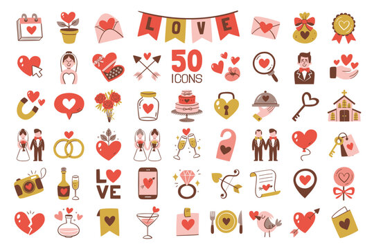 Wedding icon collection. Colorful love symbols, wedding and celebration elements. Perfect for weddings and Valentine's events. 50 Hand drawn clipart isolated on white background.