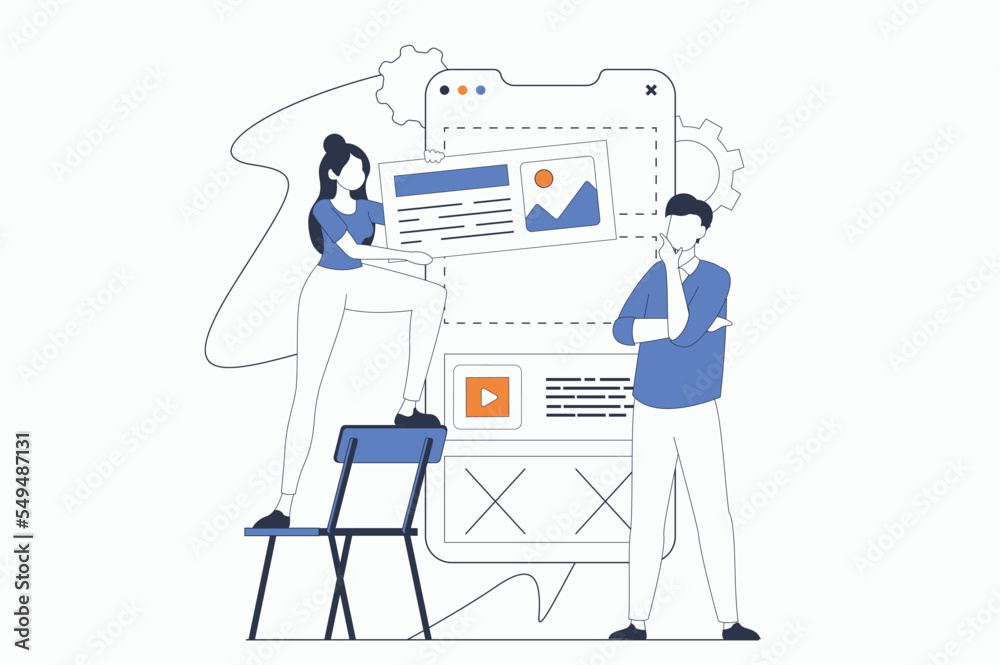 Aufkleber App development concept with people scene in flat outline design. Man and woman working with mobile application interface and placing buttons. Vector illustration with line character situation for web