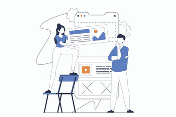 App development concept with people scene in flat outline design. Man and woman working with mobile application interface and placing buttons. Vector illustration with line character situation for web