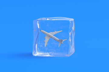 Plane in ice cube. 3d illustration