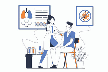 Coronavirus concept with people scene in flat outline design. Nurse injects and vaccinates patient. Protection and prevention of viruses. Vector illustration with line character situation for web