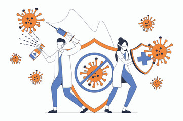 Coronavirus concept with people scene in flat outline design. Doctor with syringe and antiseptic and nurse with shield fight against viruses. Vector illustration with line character situation for web
