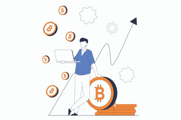 Cryptocurrency mining concept with people scene in flat outline design. Man analyzes growth chart arrow and mines bitcoins on crypto farm. Vector illustration with line character situation for web