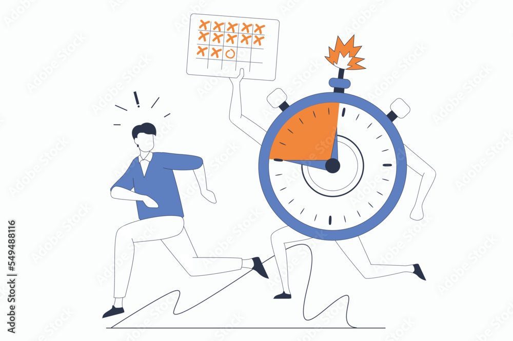 Poster Deadline concept with people scene in flat outline design. Man runs away from ticking clock. Employee hurry to perform work tasks in office. Vector illustration with line character situation for web