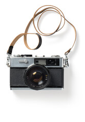 small vintage analog photo camera with black leather strip, isolated design element, perfect for collage or flatlay / top view scenes, old photographic gear - 549488183